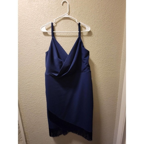 Betsy Johnson Vneck Fringe Faux Wrap Sheath Dress Navy Blue Size 14W - Picture 1 of 4